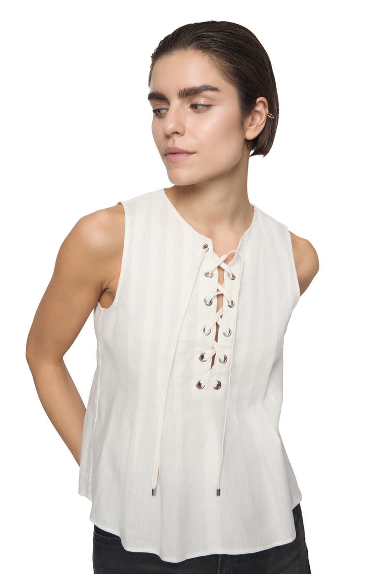 Pleated Sleeveless Linen & Cotton Lace-Up Top, Alternate, color, PORCELAIN