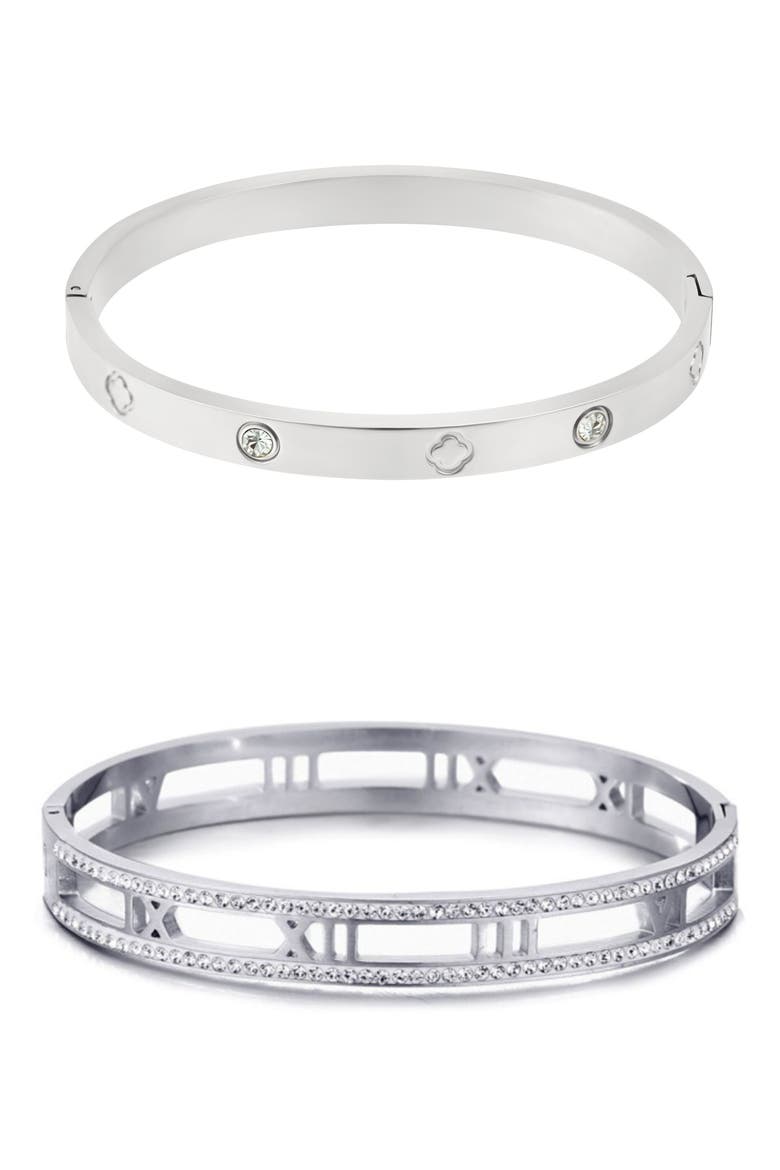 Set of 2 Clover & Roman Bangle Bracelets, Main, color, SILVER