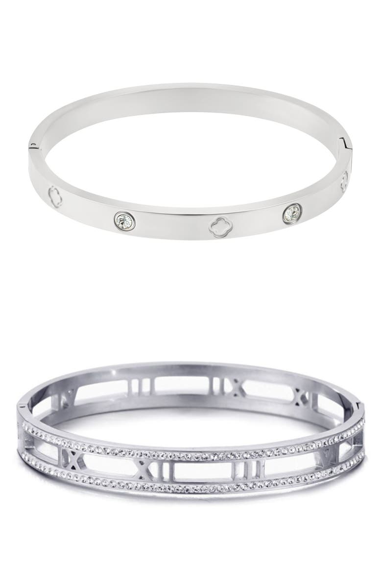 Adornia Set of 2 Clover & Roman Bangle Bracelets, Main, color, Silver