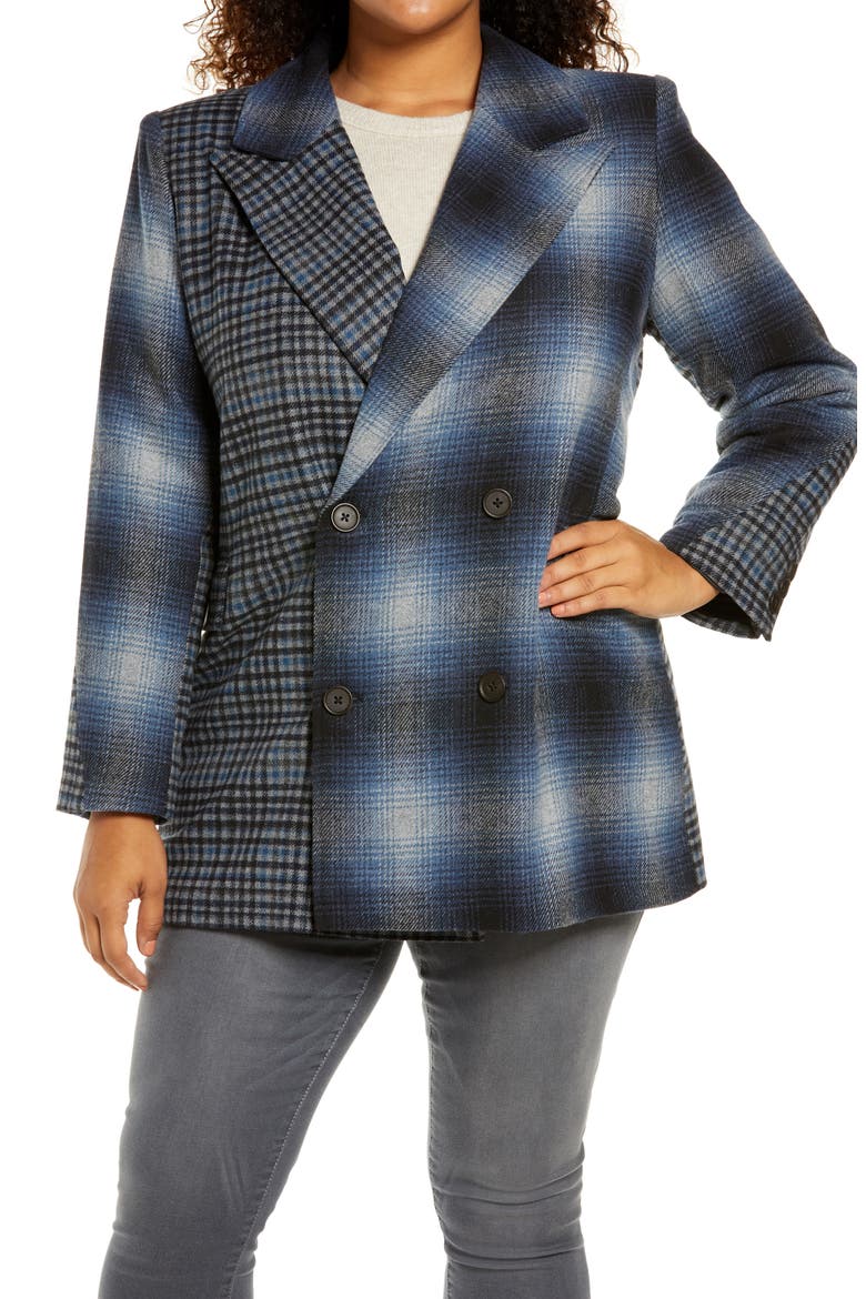 Mix Plaid Double Breasted Coat, Alternate, color, BLUE MULTI PLAID