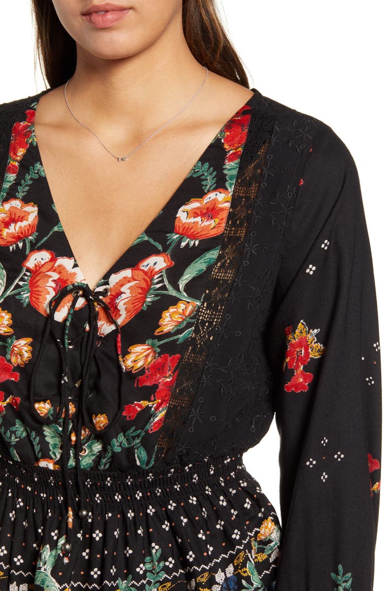 Angie Floral Print Lace Trim Peplum Top, Alternate, color,