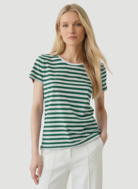 Stretch Linen Stripe Short Sleeve Crewneck T-Shirt