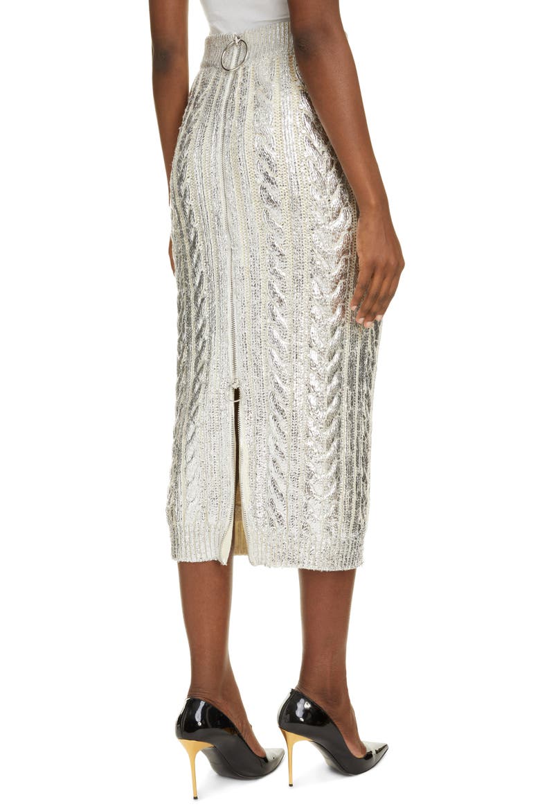 Metallic Cable Knit Virgin Wool Blend Midi Skirt, Alternate, color, GAC BLANC/ ARGENT