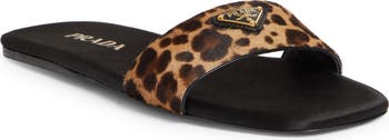 サンダル・ミュール Prada Leopard Printed Calf Hair Slide Sandals Prada Animal Print Genuine Calf Hair Slide Sandal (Women