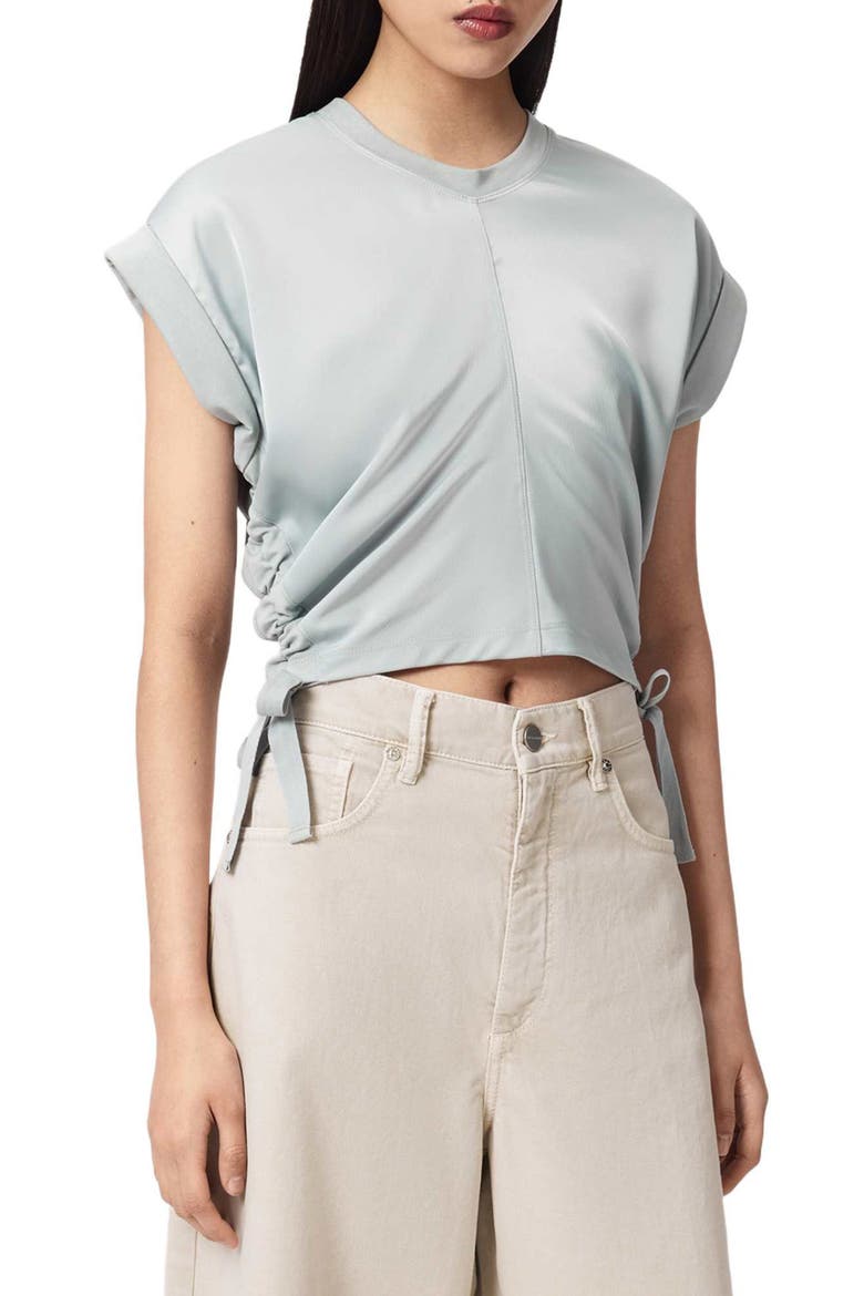 Mira Cinched Side Satin T-Shirt, Main, color, HIGH RISE BLUE