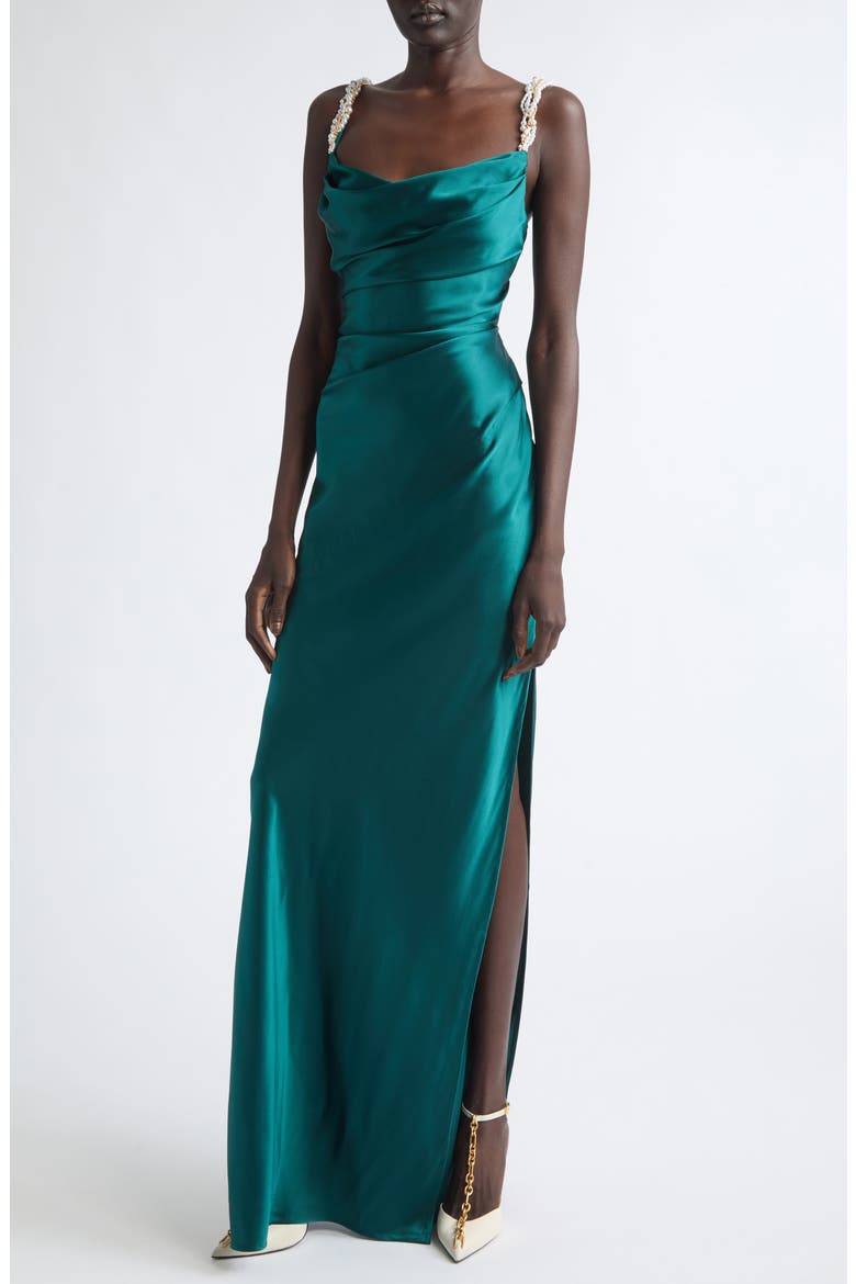 Embellished Strap Cowl Neck Silk Column Gown, Alternate, color, SQV BLUE MULTI