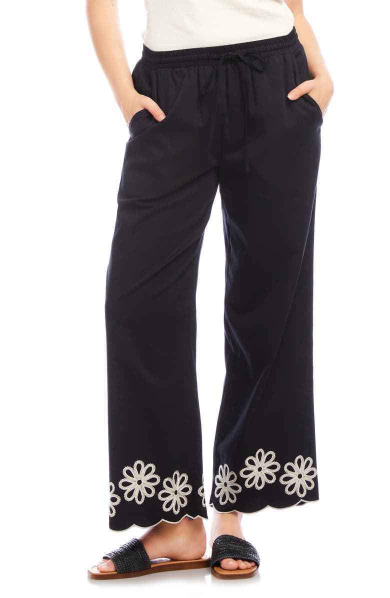 Karen Kane Embroidered Scallop Drawstring Cotton Pants, Main, color, Black/ Cream