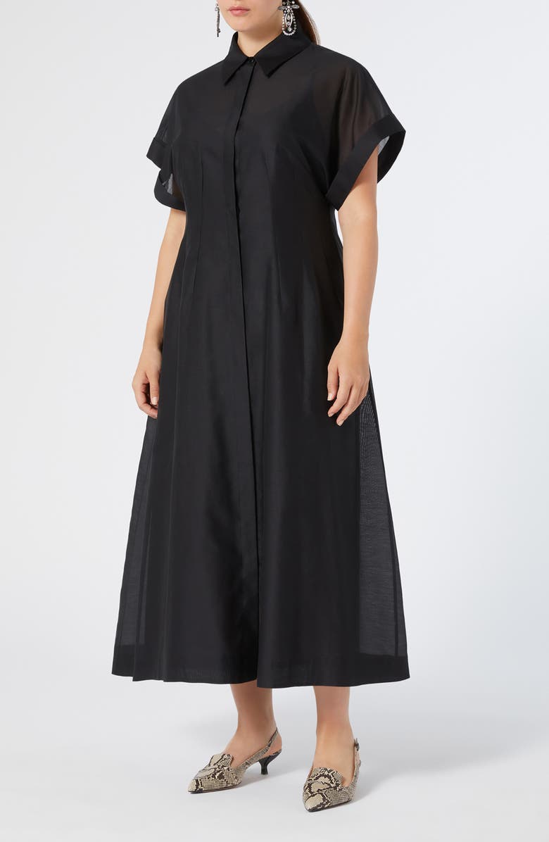 Marina Rinaldi Candia Semisheer Cotton & Silk Shirtdress, Main, color, Black