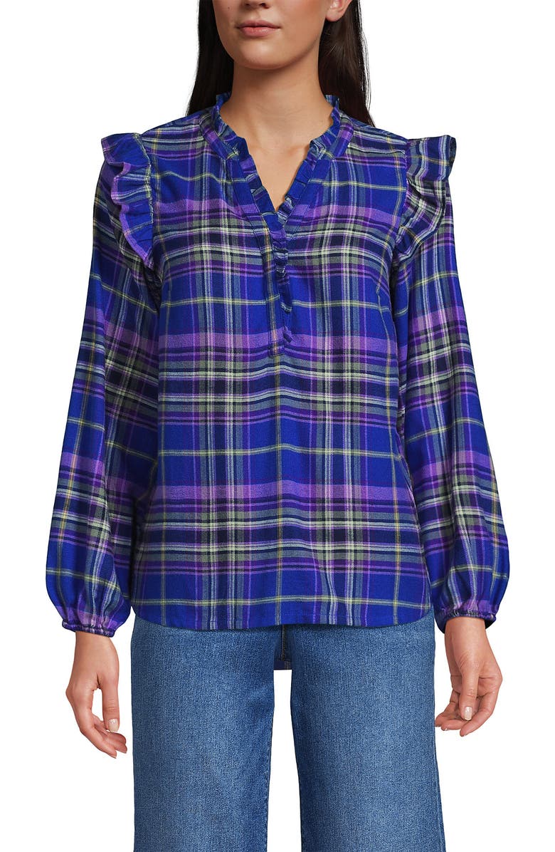 Lands' End Ruffle Front Flannel Popover Blouse, Alternate, color, 