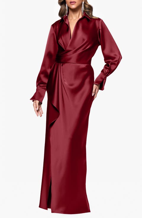 Collar Long Sleeve Satin Gown