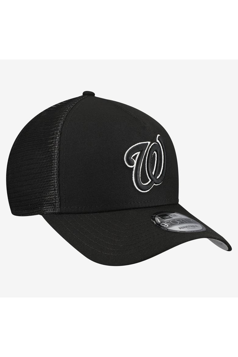 Men's New Era Black Washington Nationals Side Script 9FORTY A-Frame Trucker Adjustable Hat, Alternate, color, Black