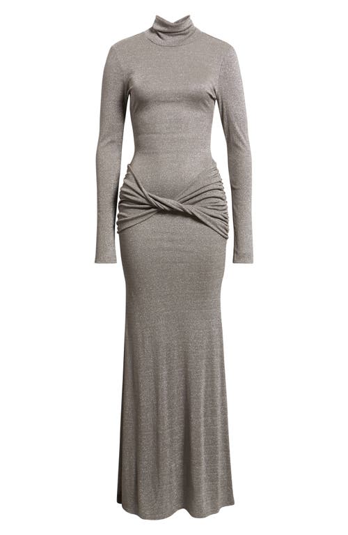 Delfi Collective Anastasia Metallic Twist Front Long Sleeve Maxi Dress In Gray