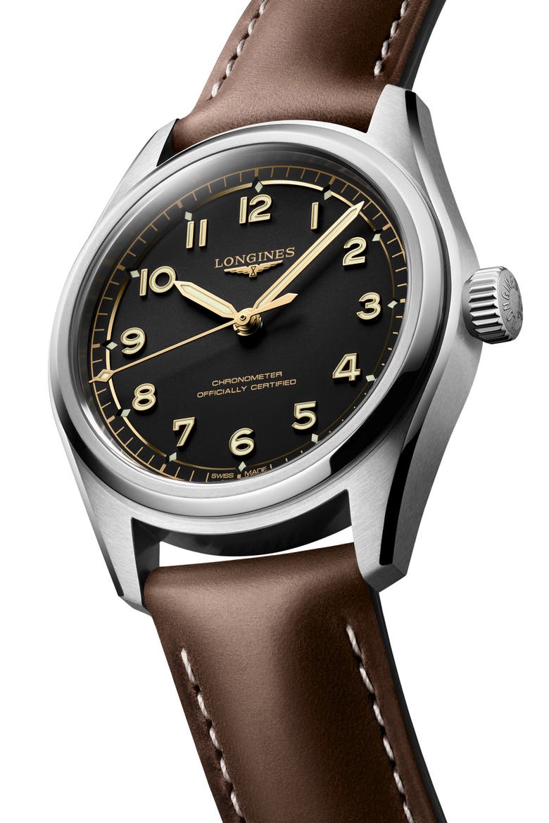 Spirit Pilot Leather Strap Watch, 39mm, Alternate, color, BLACK