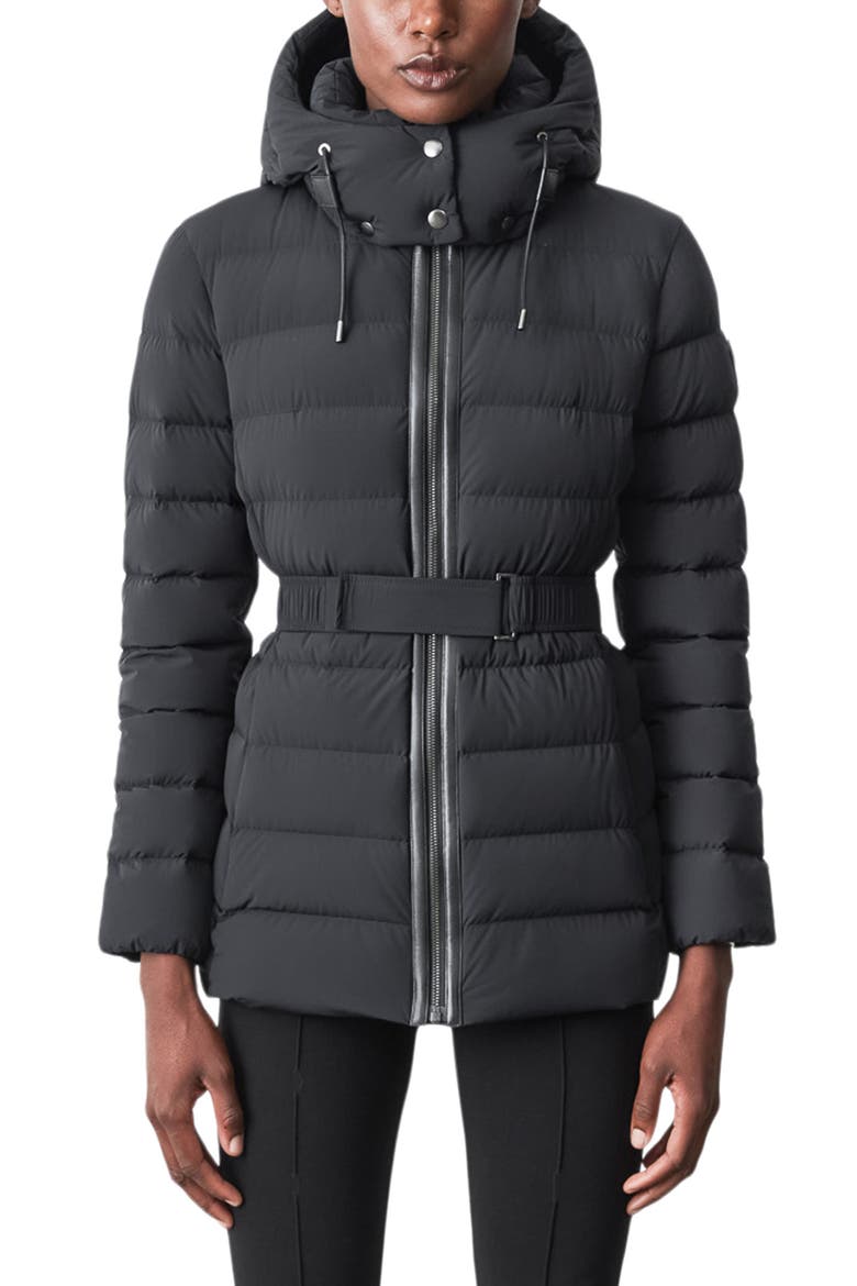 Jazmin Belted Down & Feather Puffer Jacket, Main, color, BLACK