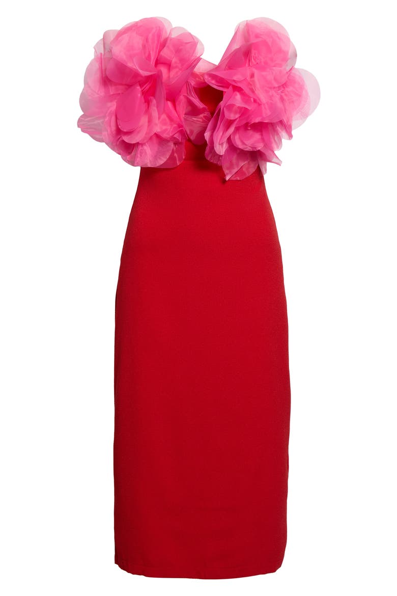 Kailany Floral Organza Trim Strapless Midi Dress, Alternate, color, RED PINK