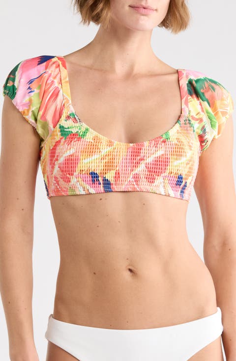 Smocked Puff Sleeve Bikini Top