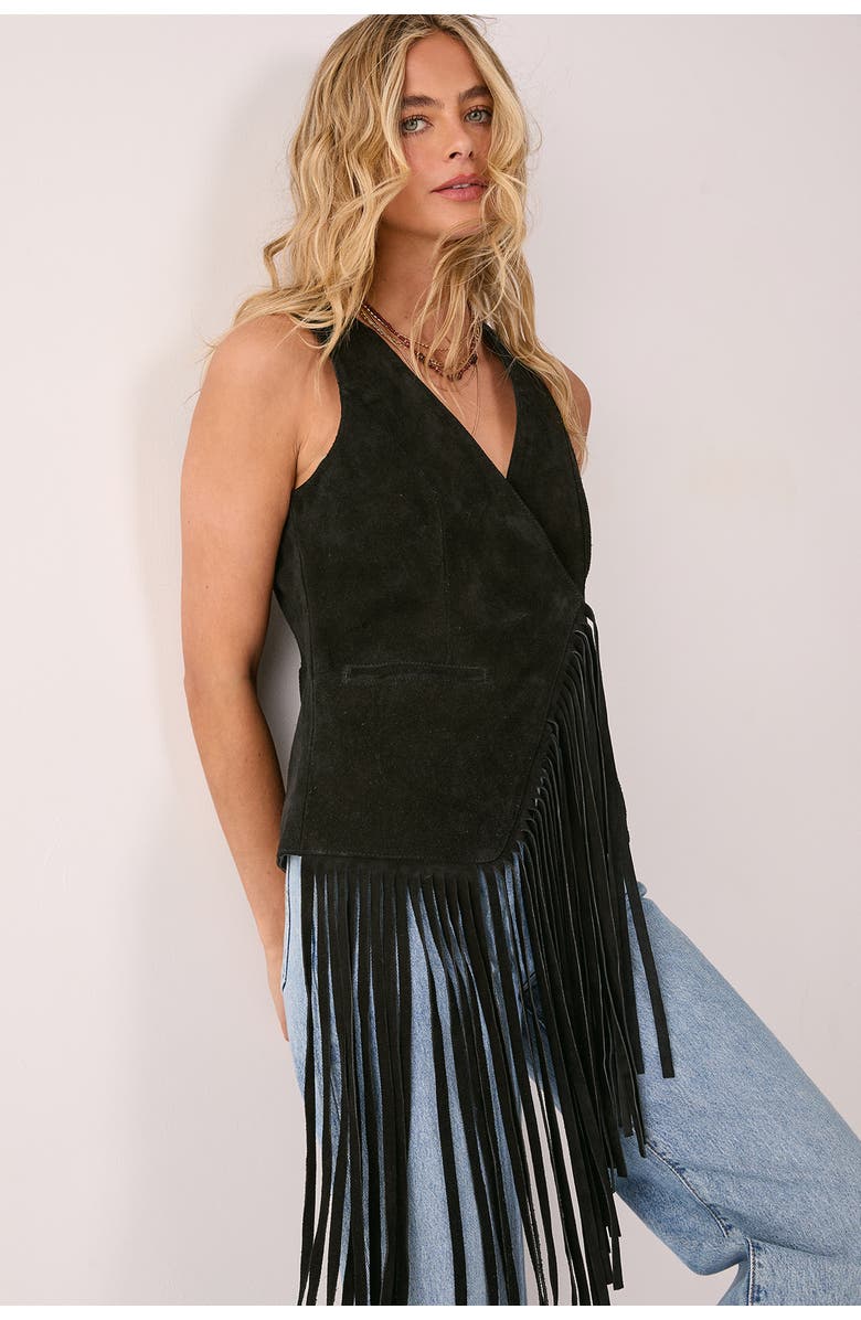 NASTY GAL Premium Suede Fringe Waistcoat, Main, color, Black