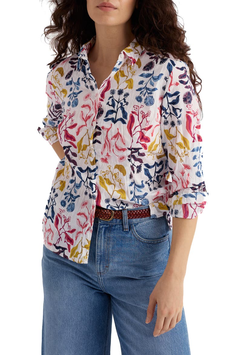 Larissa Floral Crinkled Organic Cotton Button-Up Shirt, Main, color, INKY BOTANICAL CHALK