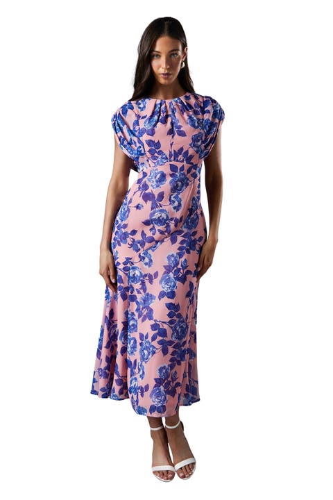 Cap Sleeve Floral Chiffon Midi Dress
