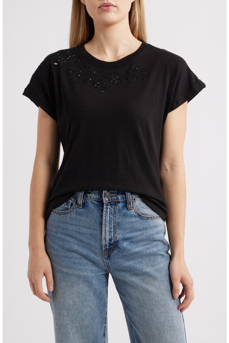 Embroidered Eyelet Cap Sleeve T-Shirt, Main, color, BLACK