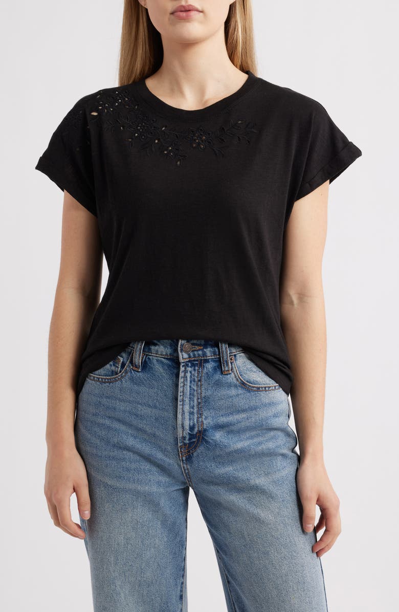 Wit & Wisdom Embroidered Eyelet Cap Sleeve T-Shirt, Main, color, Black