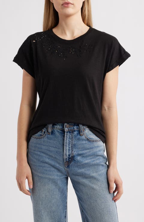 Embroidered Eyelet Cap Sleeve T-Shirt