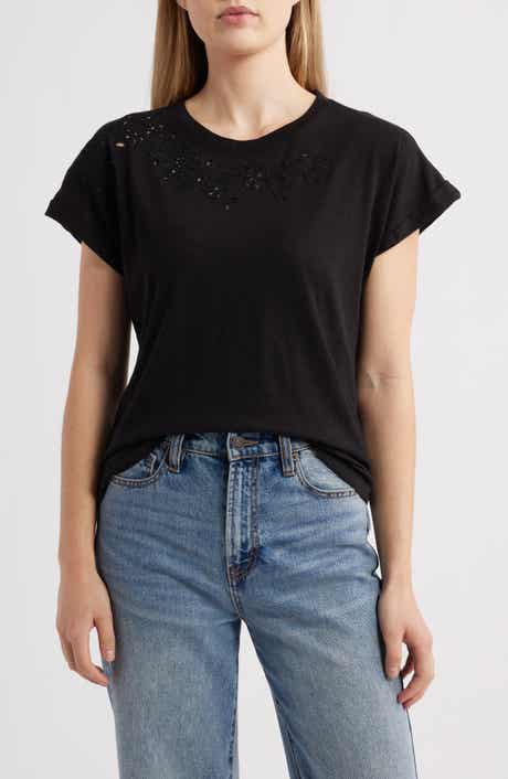Wit & Wisdom Embroidered Eyelet Cap Sleeve T-Shirt