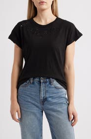 Wit & Wisdom Embroidered Eyelet Cap Sleeve T-Shirt
