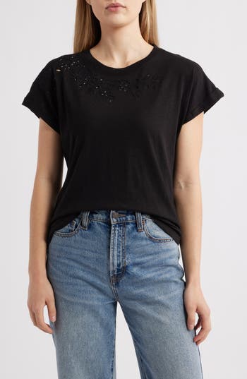 Wit & Wisdom Embroidered Eyelet Cap Sleeve T-shirt In Black