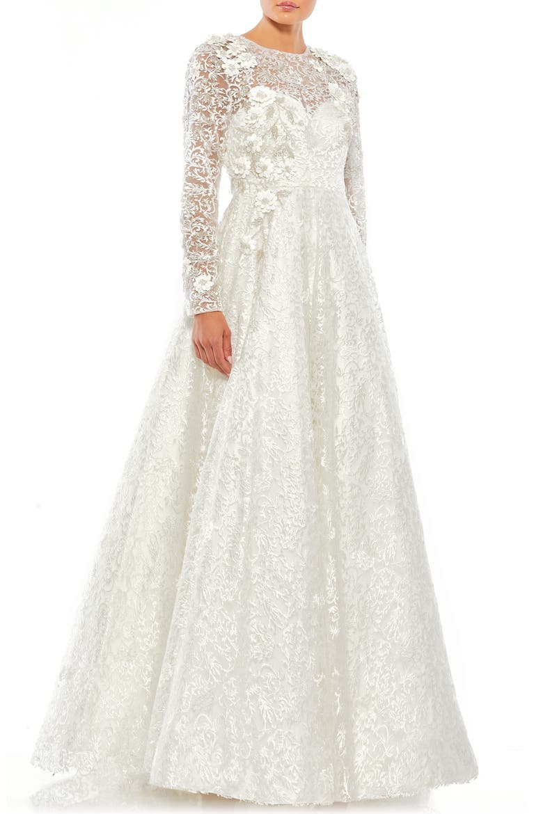 Floral Embroidered & Beaded Long Sleeve Mesh Gown, Main, color, WHITE