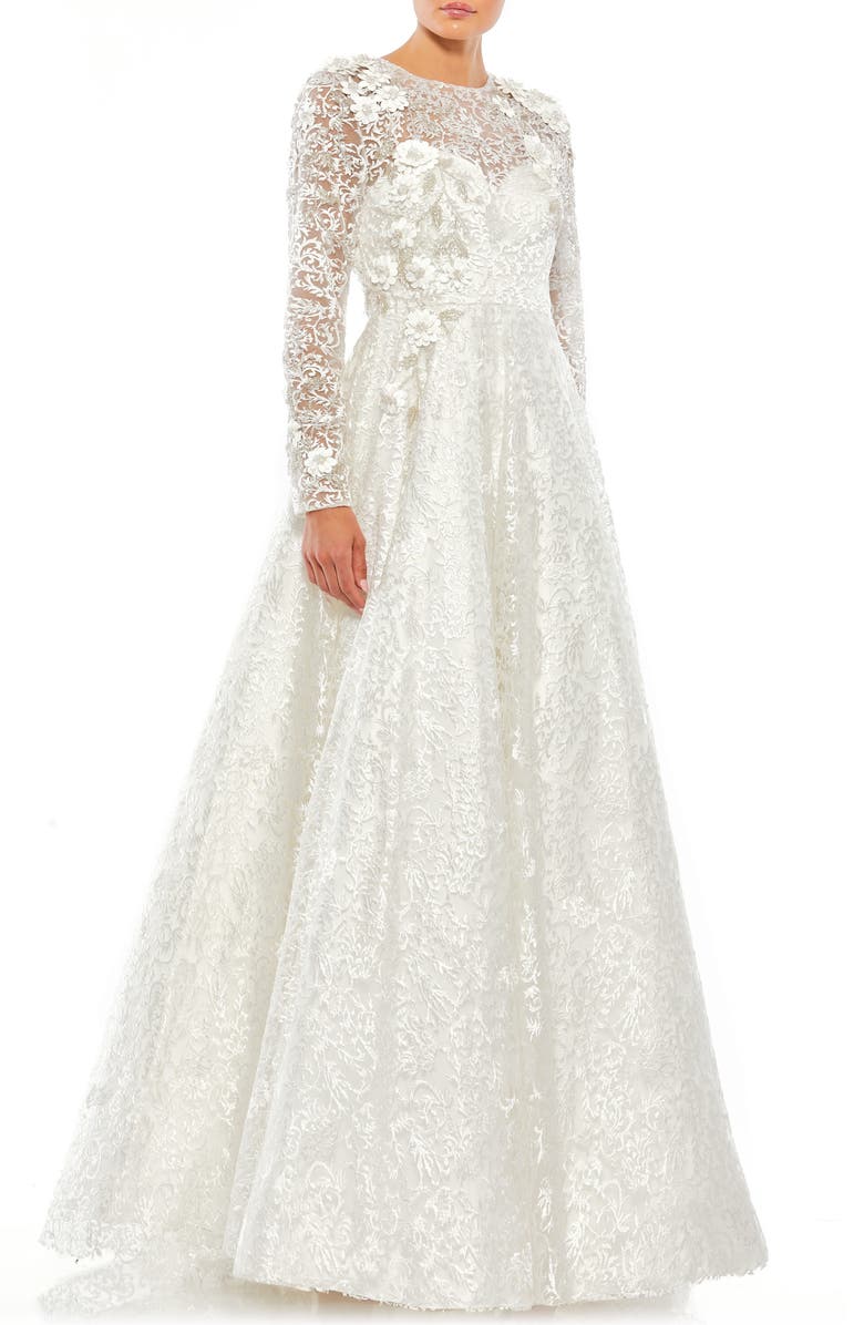 Mac Duggal Floral Embroidered & Beaded Long Sleeve Mesh Gown, Main, color,