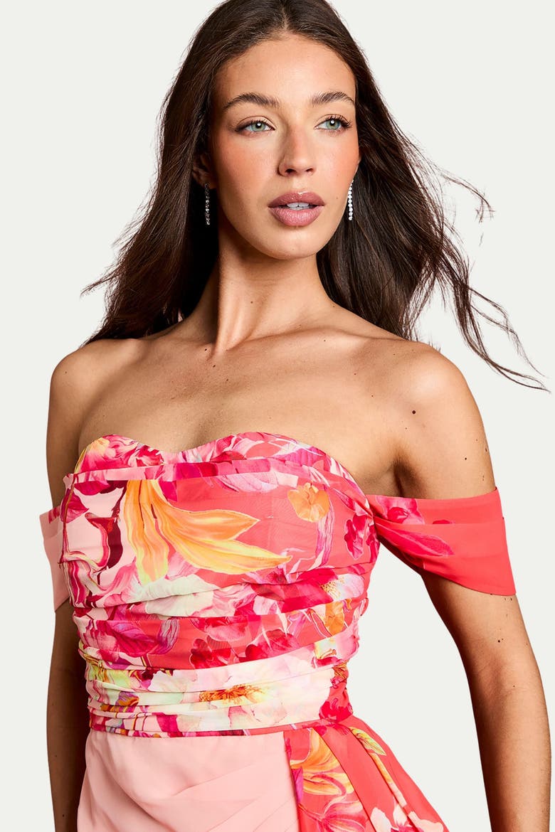 Floral Print Drape Chiffon Dress, Alternate, color, Coral