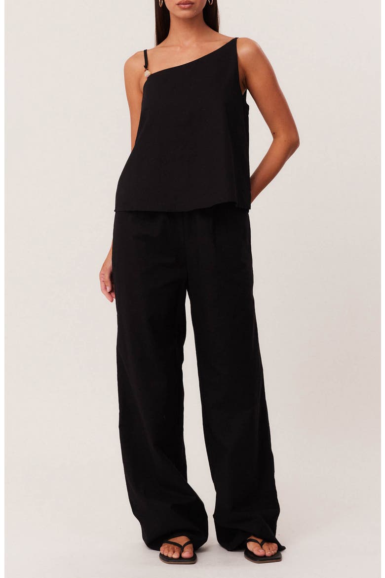Ismene Asymmetrical One Shoulder Linen & Cotton Blend Top, Alternate, color, BLACK