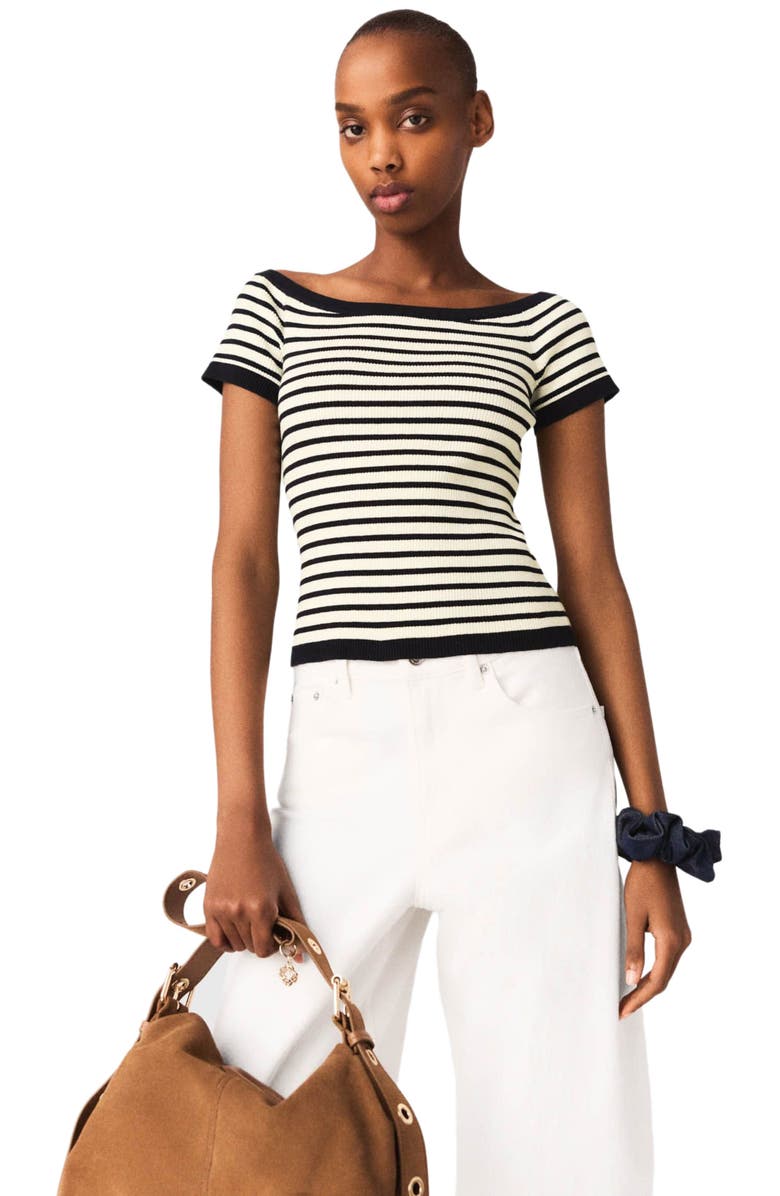 maje Rib knit top with boat neck, Main, color, Navy / Ecru