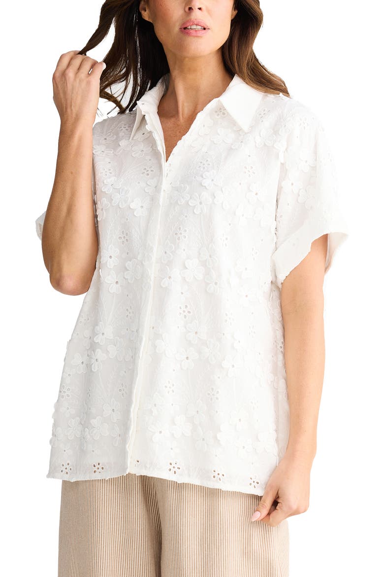 Felicity Floral Appliqué Cotton Blend Broderie Anglaise Button-Up Shirt, Alternate, color, WHITE