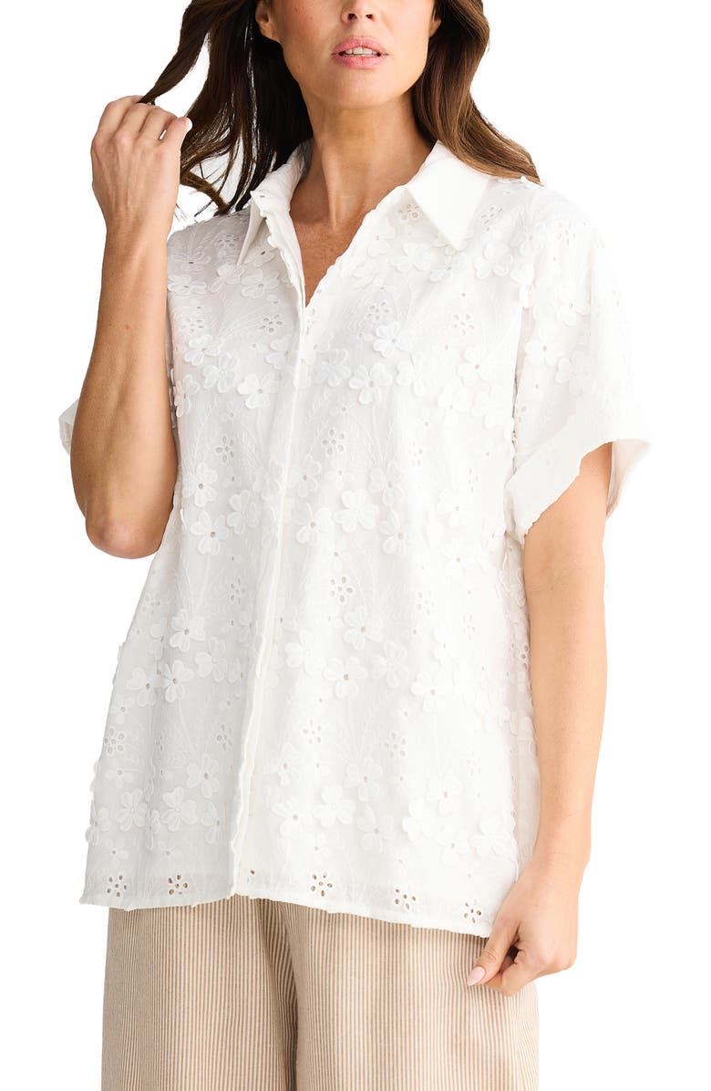 Brave+True Felicity Floral Appliqué Cotton Blend Broderie Anglaise Button-Up Shirt, Alternate, color, White