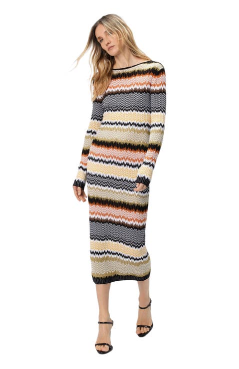 Long Crew Neck Dress With Chevron Pattern