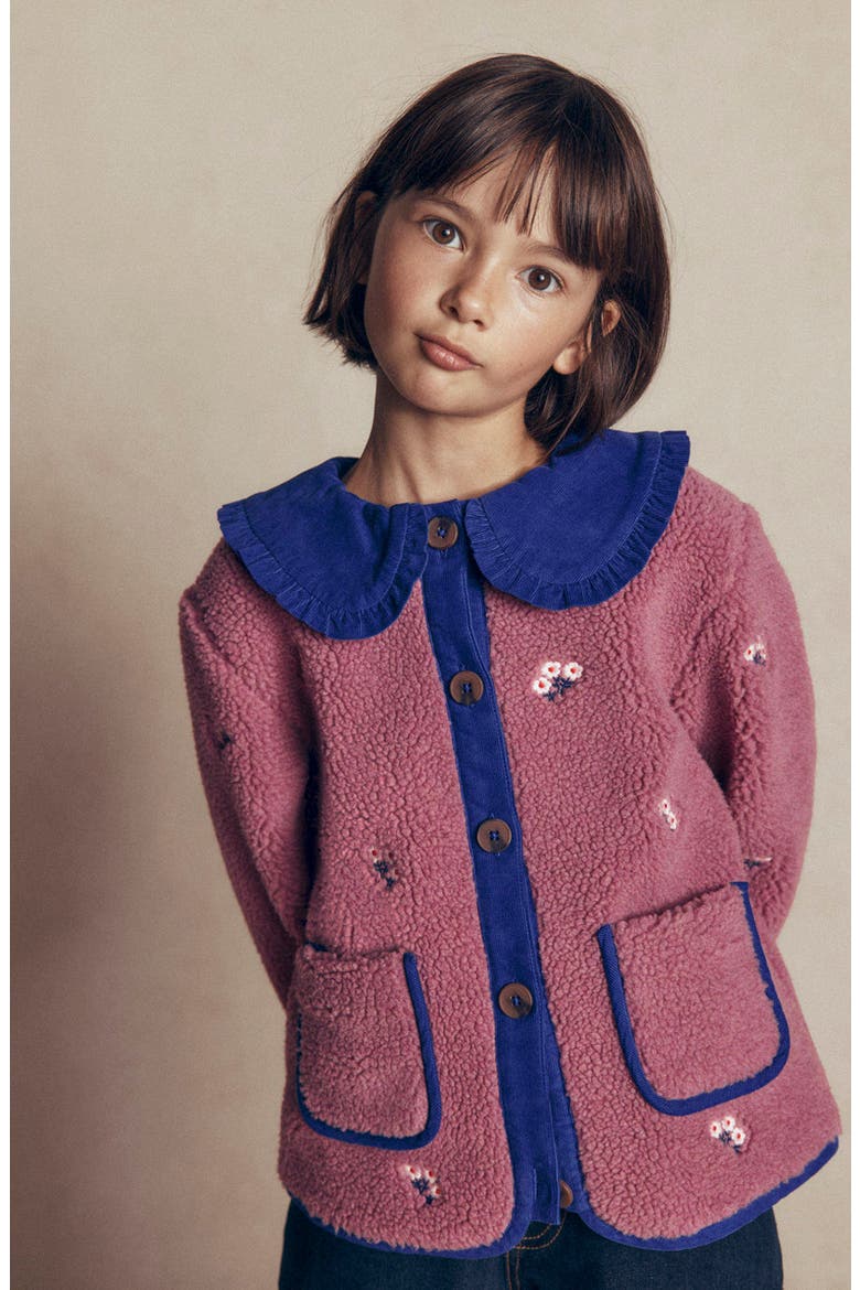 Kids' Embroidered High Pile Fleece Jacket, Alternate, color, PINK HEATHER FLORAL EMBROIDERY