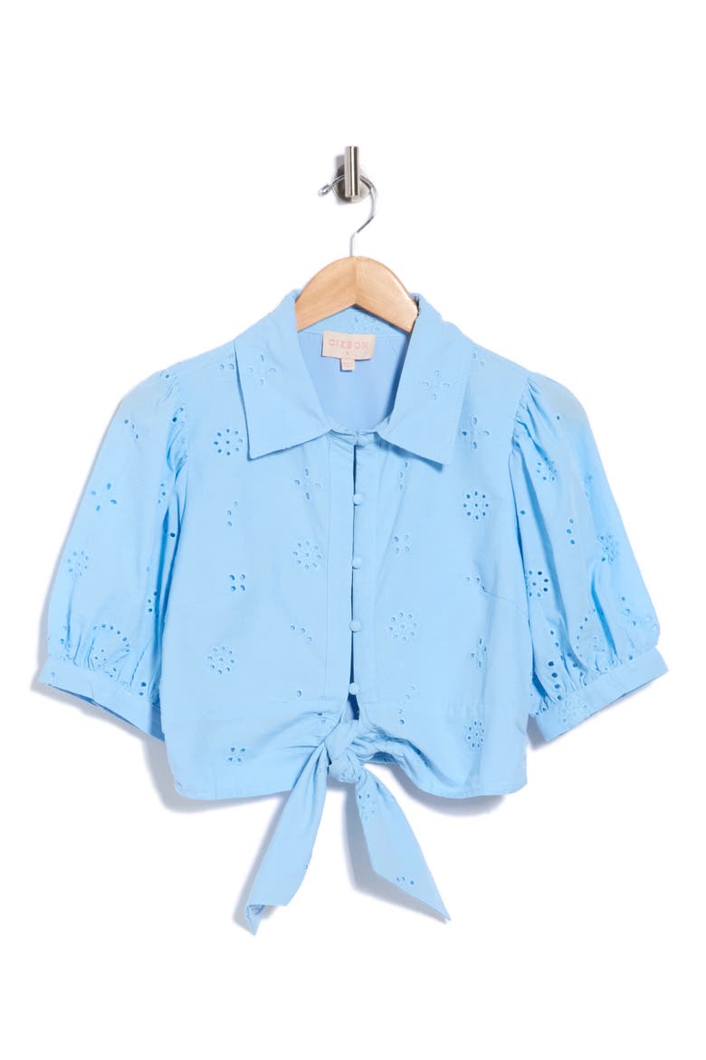 Gunhild Embroidered Eyelet Tie Front Top, Alternate, color, BLUE