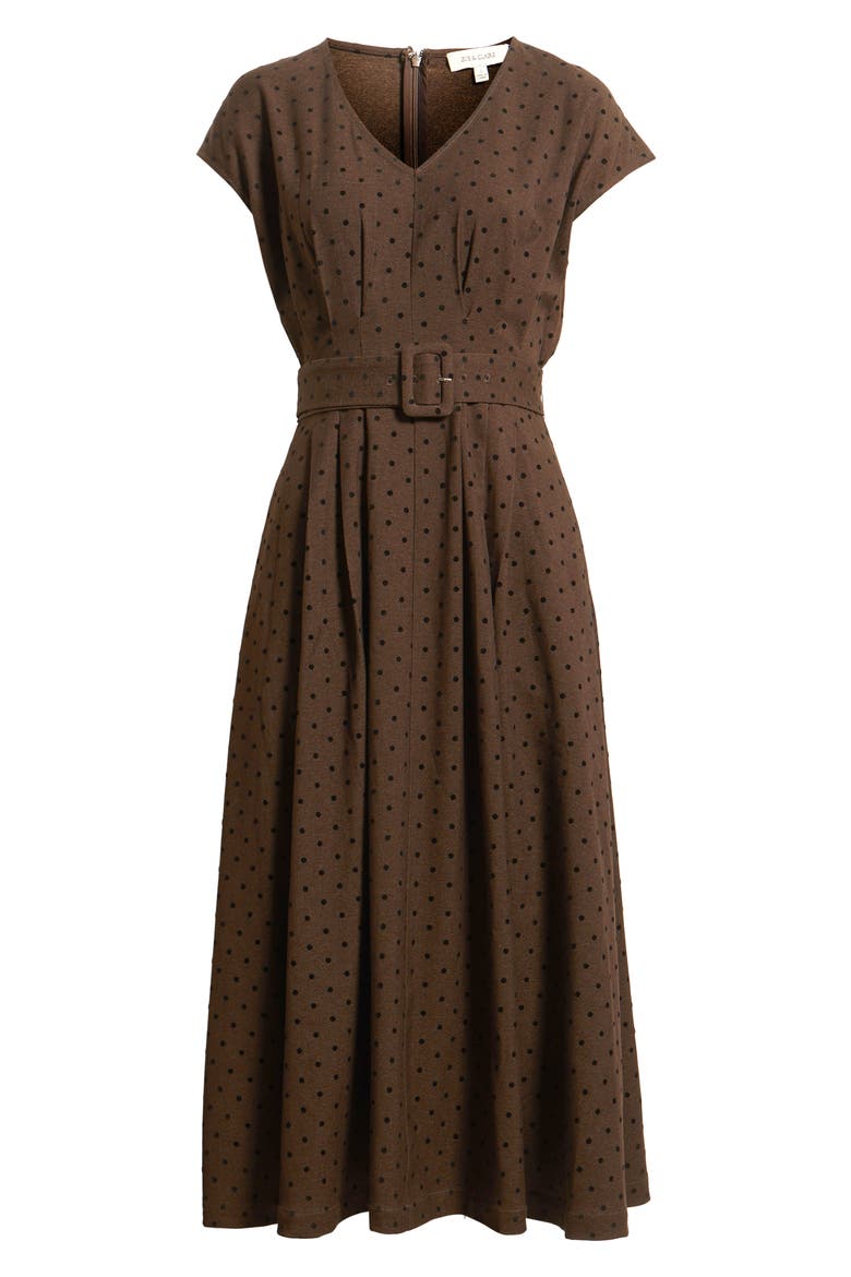 Dot Belted Midi Dress, Alternate, color, BROWN