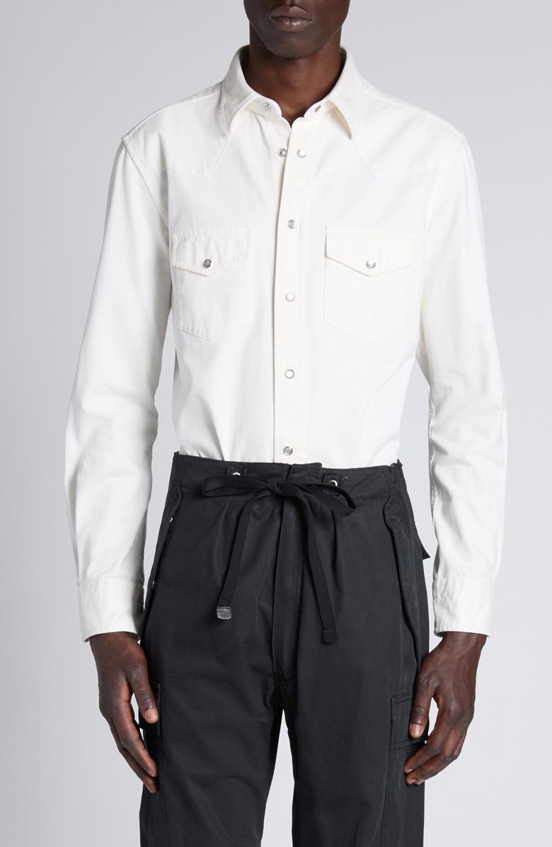 TOM FORD Peached Cotton Twill Western Shirt, Main, color, Aw004 Ivory