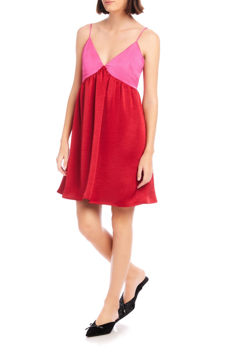 FIFTEEN TWENTY Stacia Colorblock Satin Babydoll Minidress, Alternate, color, Cherry W/ Bright Pink