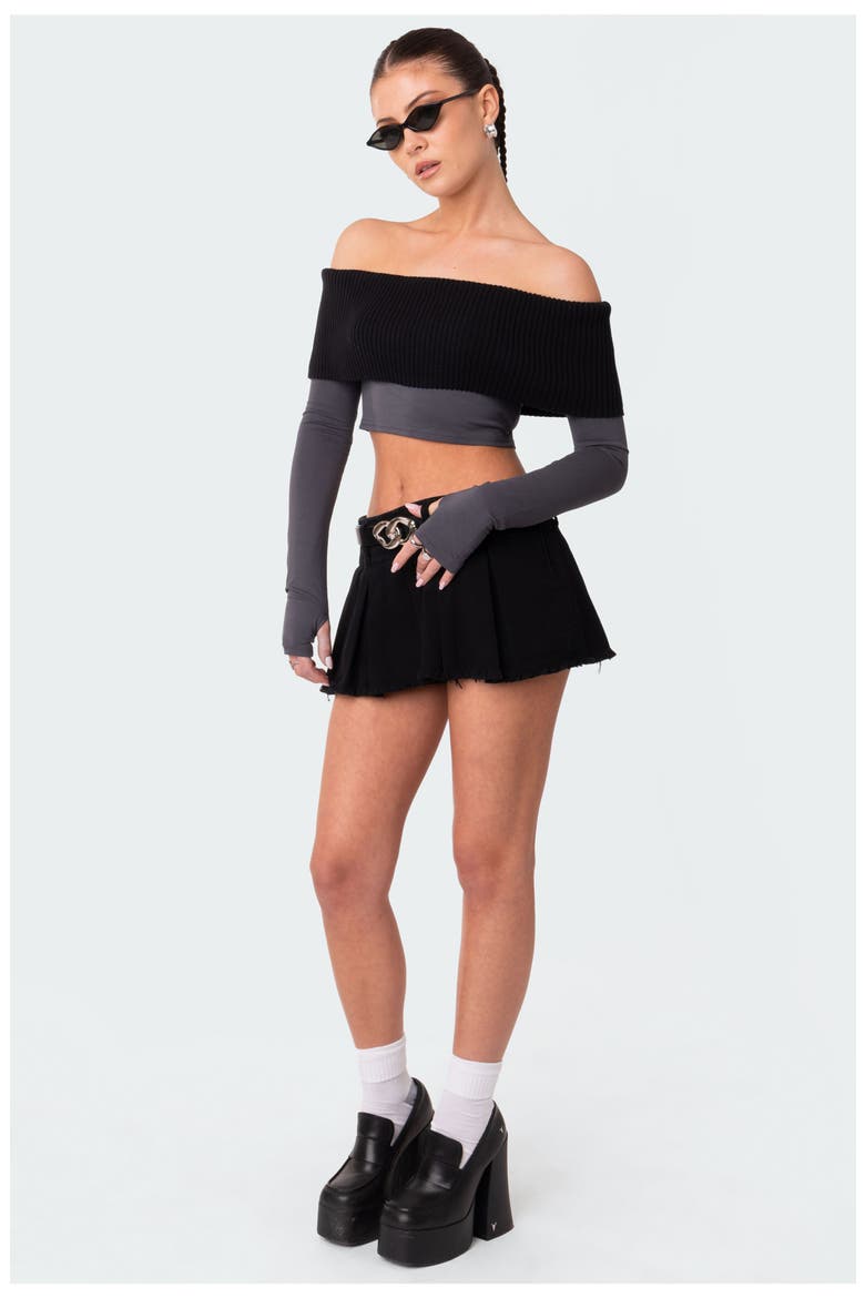 Low Rise Cotton Denim Mini Skort, Alternate, color, BLACK