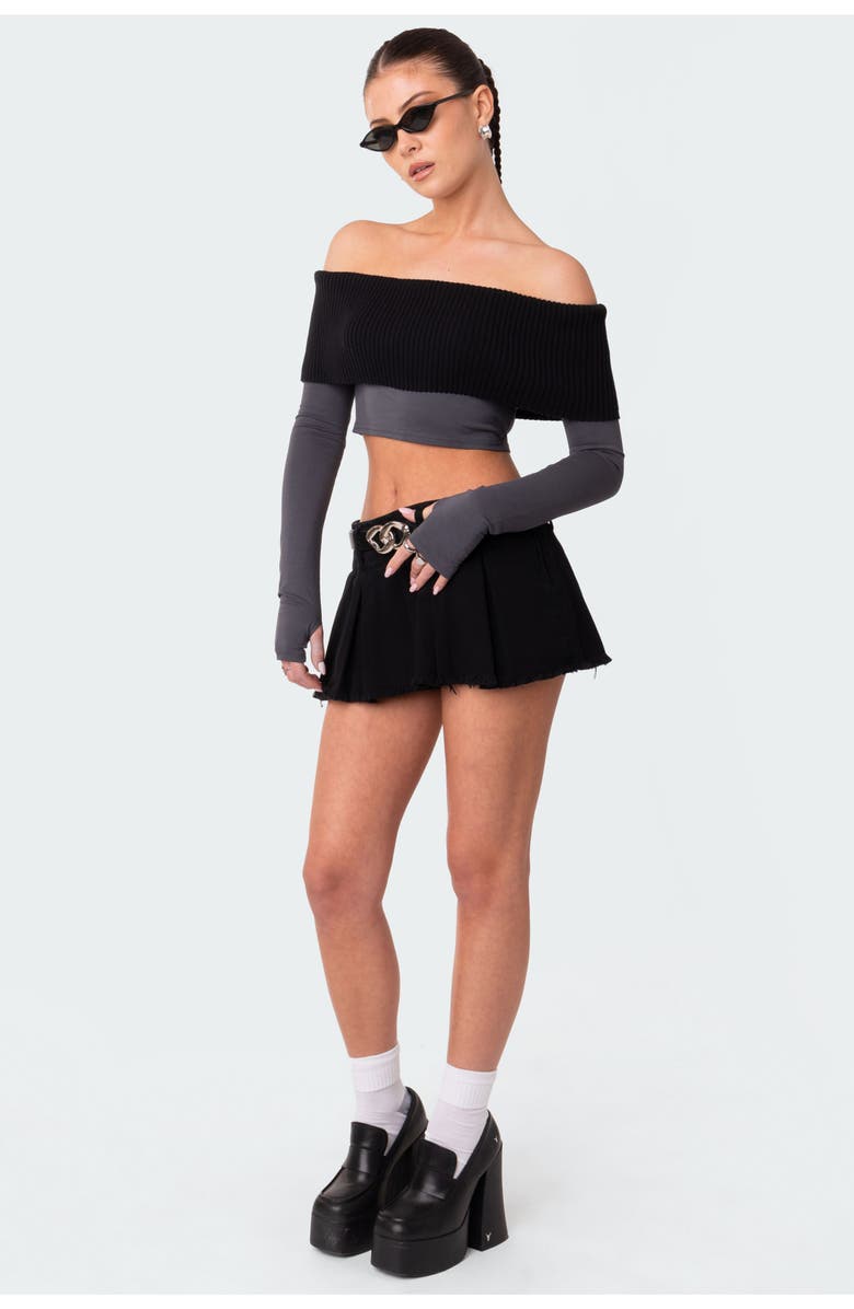 EDIKTED Low Rise Cotton Denim Mini Skort, Alternate, color, Black