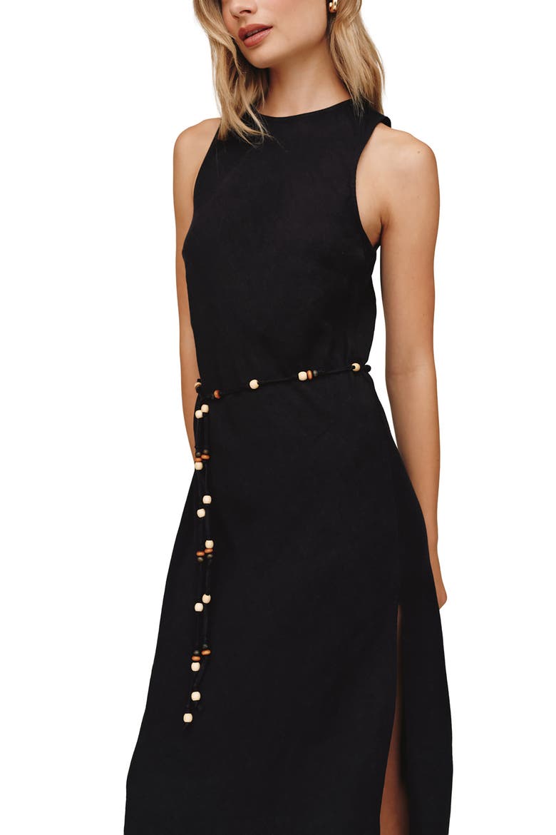 Beaded Tie Belt Bias Cut Linen Blend Midi Dress, Alternate, color, BLACK