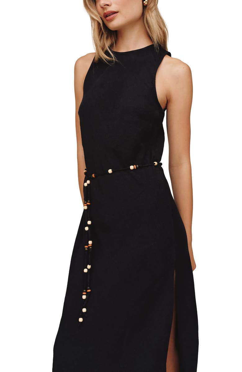 Bella Dahl Beaded Tie Belt Bias Cut Linen Blend Midi Dress, Alternate, color, Black