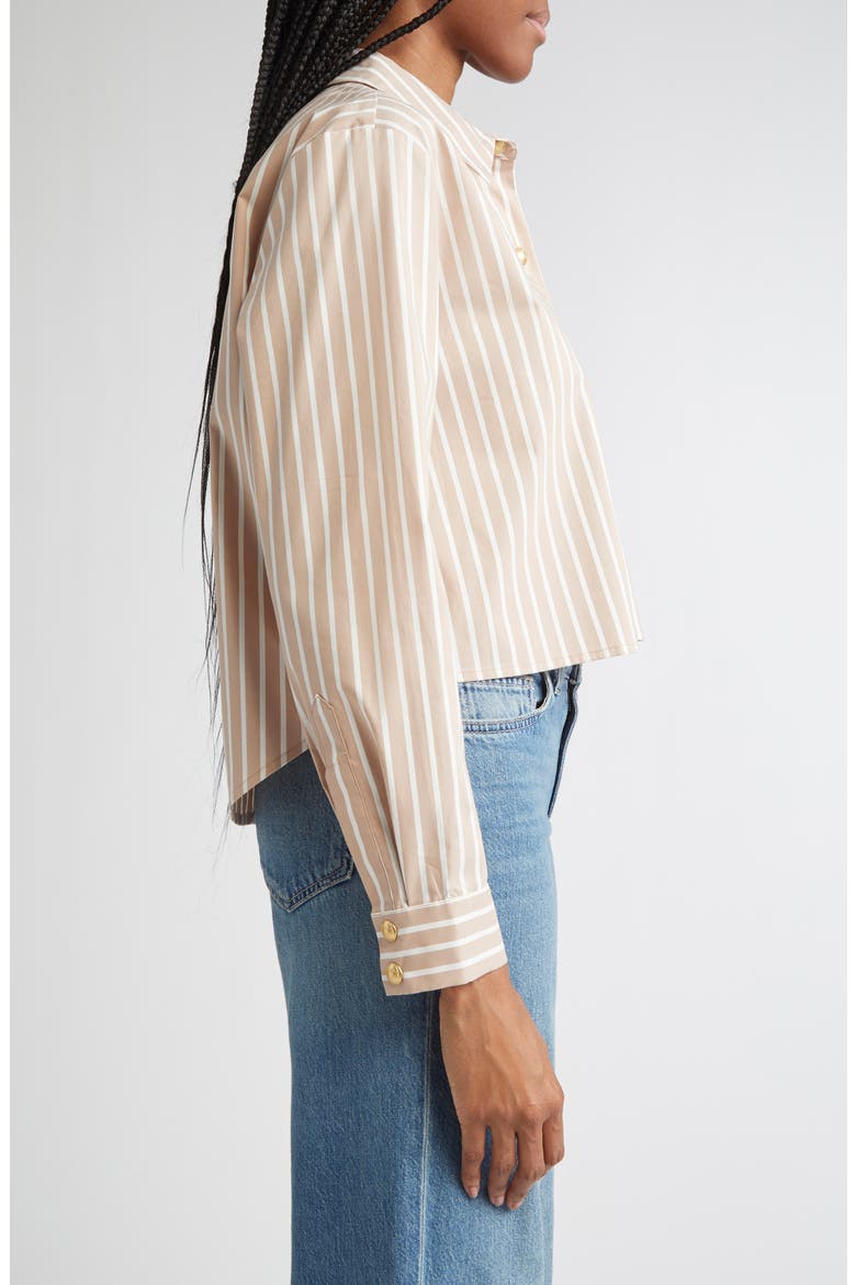 Cosette Stripe High-Low Crop Snap-Up Shirt, Alternate, color, CAPPUCCINO/ IVORY STRIPE