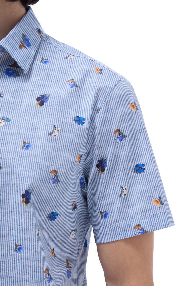 Bugatchi Orson Floral Stripe Short Sleeve Stretch Cotton Button-Up Shirt, Alternate, color,