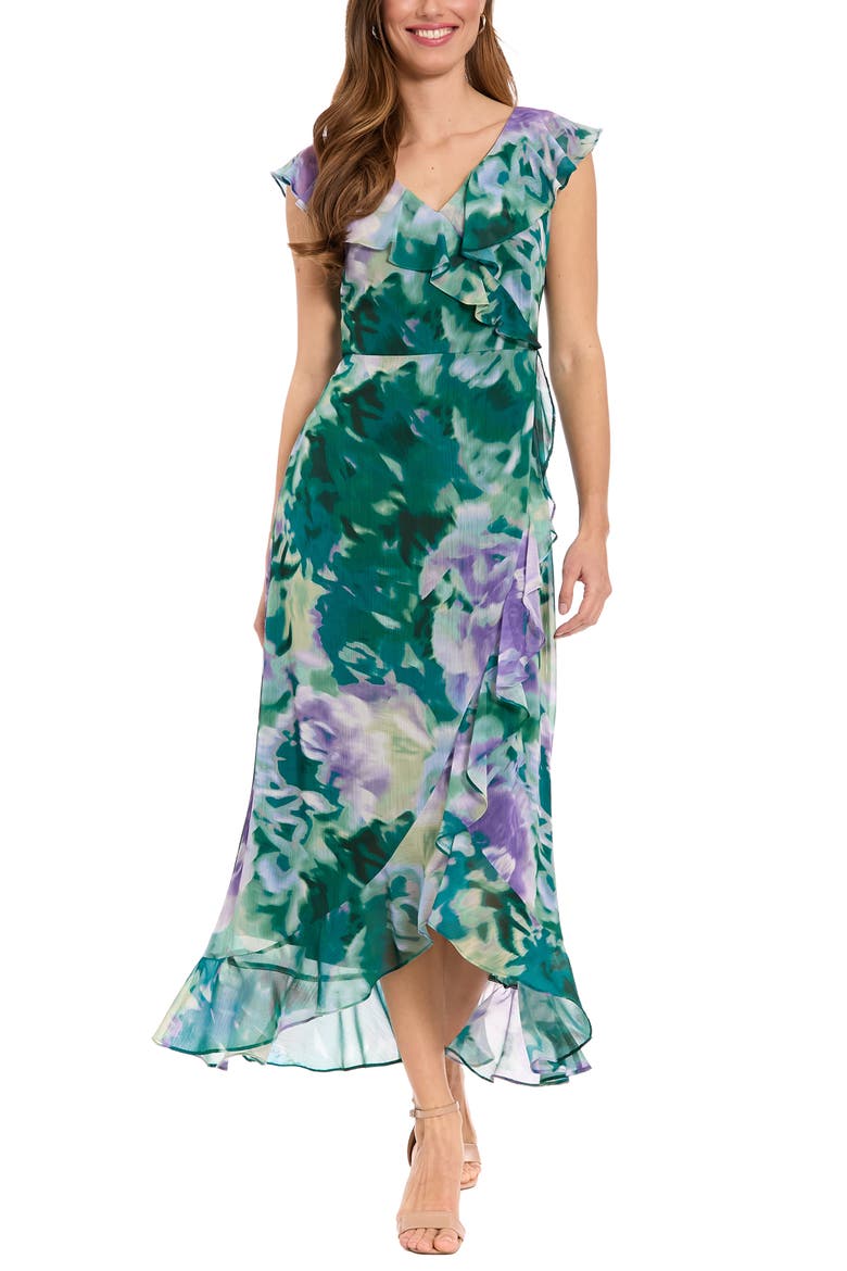Ruffle Cap Sleeve Faux Wrap Dress, Main, color, ORCHID/ TEAL