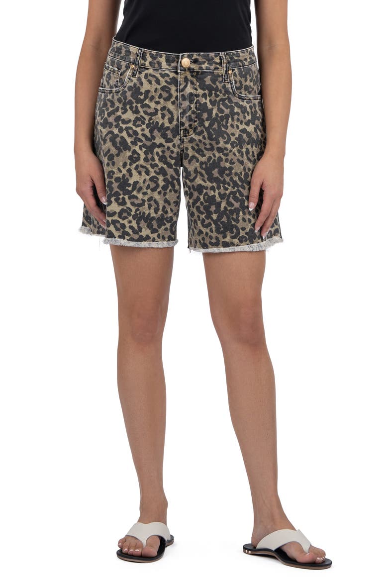 Hailey Leopard Print Frayed Mid Thigh Denim Shorts, Main, color, SAGE GREEN